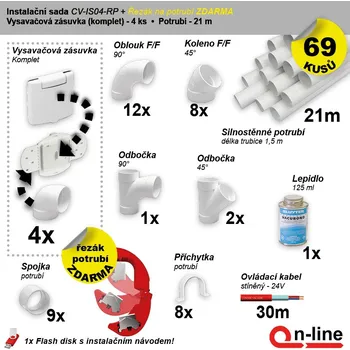 Vysavač Instalační komplet centrálního vysávání - zásuvka (4 ks), potrubí (21 m), potrubní díly (69 dílů). (Cenově zvýhodněný instalační balíček potrubních rozvodů centrálního vysávání obsahuje: Vysavačová zásuvka (4 ks), potrubí: (21 m), potrubní díly (69 ks),)