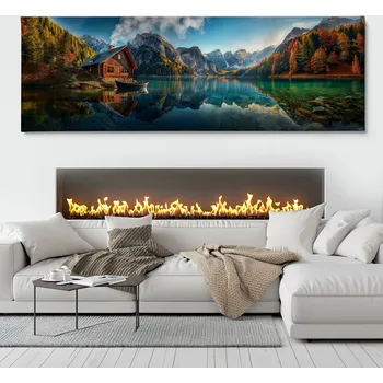 Obraz Obraz na plátně - Podzim u jezera ve vyhřáté chatce FeelHappy.cz Velikost obrazu (šířka x výška): 60 x 20 cm