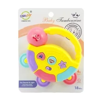 Tamburínka baby plast 12cm asst 2 barev na baterie se světlem se zvukem na kartě 18m+