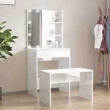 Toaletní stolek Petrashop Toaletní stolek sada s LED bílý vysoký lesk kompozitní dřevo Bílá3114135