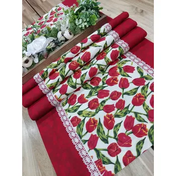 ubrus Běhoun - tulipány na smetanové v kombinaci s červeným mramorem