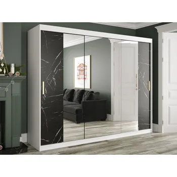 Šatní skříň Zrcadlová šatní skříň Nonnus 250 T2, Úložný prostor: ne, Barva: bílá matná / černá mramor MIRJAN 5903211110290