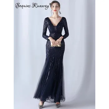 Dámské šaty Maxi párty šaty Sequins SQ804 Barva: Tmavě Modrá, Velikost: 2XL