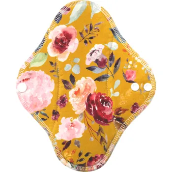 Menstruační vložka Breberky BIO Denní vložka (Bavlněné froté s PUL) - Malované pivoňky v hořčicové (biobavlněný úplet s GOTS)