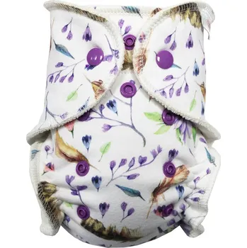 Plenkové kalhoty Breberky BIO Kalhotková plenka (S) - Peříčka v kvítí PAT, fialové patentky