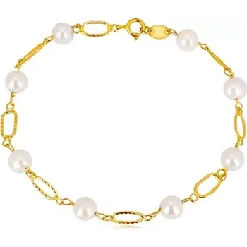 Náramek Náramek ve žlutém zlatě 585 - bílé kulaté perly, oválná očka se zářezy