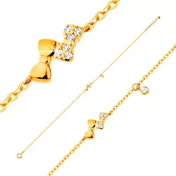 Náramek Náramek ve žlutém 14K zlatě - dvě blýskavé mašličky a čirý zirkonek, řetízek