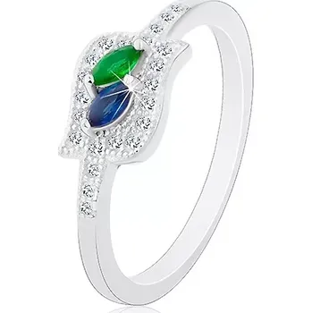 Prsten Stříbrný prsten 925, modré a zelené zirkonové zrnko v čiré kontuře, rhodiovaný - Velikost: 51