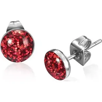 Náušnice Okrouhlé ocelové náušnice, červené třpytky pod glazurou