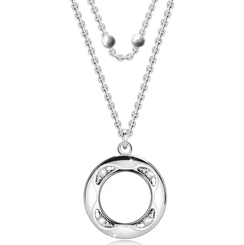 Náhrdelník Stříbrný náhrdelník 925 - dvojitý řetízek, brilianty, kolečko s výřezem, kuličky