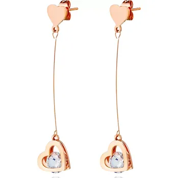 Náušnice Visací ocelové náušnice - zdvojené srdce na lanku s čirým zirkonem, měděná barva, puzetky