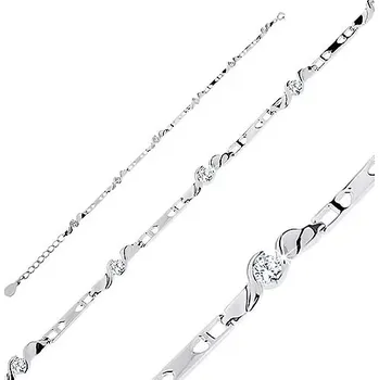 Náramek Náramek ze stříbra 925, lesklé spoje s výřezy ve tvaru srdcí, vlnité linie, čirý zirkon