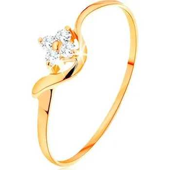 Prsten Prsten ze žlutého 14K zlata - kvítek z čirých diamantů, zvlněné rameno - Velikost: 55