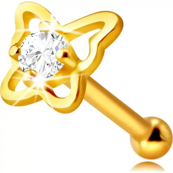 Piercing Zlatý piercing do nosu ze 14K zlata - kontura motýla s kulatým zirkonem čiré barvy, 1,5 mm