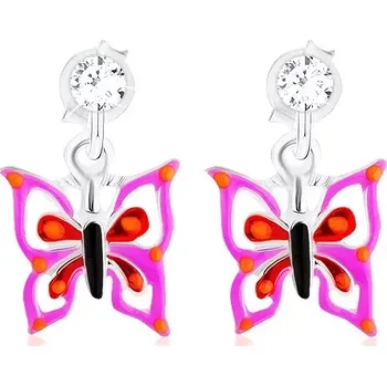 Náušnice Puzetové stříbrné 925 náušnice, motýlek ve fialovo-červeném odstínu, krystalek
