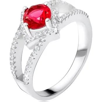 Prsten Prsten s rozdvojenými rameny, červený kámen, čtverec, stříbro 925 - Velikost: 50