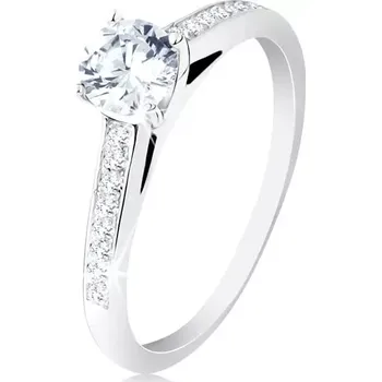 Prsten Stříbrný prsten 925, zásnubní, čirá zirkonová ramena, kulatý zirkon v kotlíku - Velikost: 49