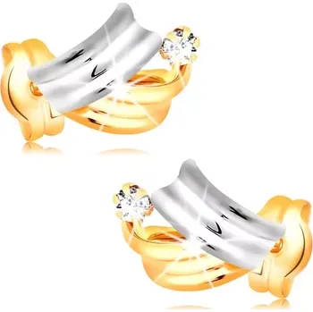Náušnice Briliantové zlaté náušnice 14K - lesklé dvoubarevné oblouky, čirý kulatý diamant