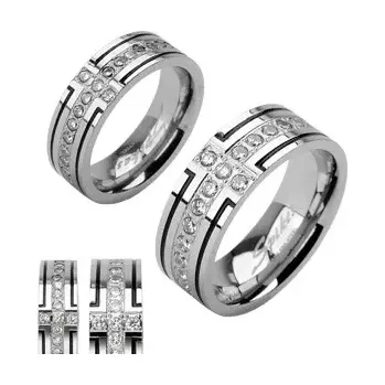 Prsten Ocelový snubní prsten se dvěma černými pruhy a jedním zirkonovým - Velikost: 65