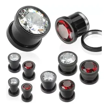 Piercing Tunnel z oceli potažený titanem černý s velikým zirkonem - Tloušťka : 6 mm , Barva zirkonu: Červená - R
