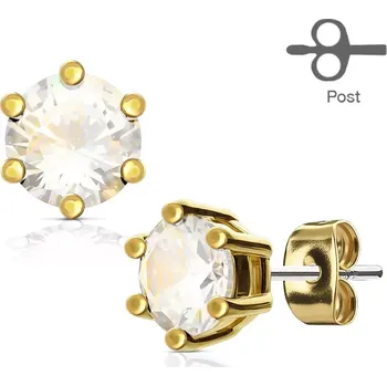 Náušnice Ocelové puzetové náušnice, kulatý čirý zirkon v kotlíku zlaté barvy - Průměr: 4 mm