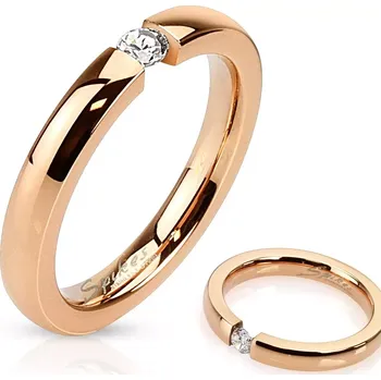 Prsten Prsten z oceli 316L, měděný odstín, hladký lesklý povrch, čirý zirkon, 3 mm - Velikost: 60