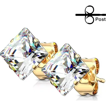 Náušnice Ocelové náušnice zlaté barvy s čirým čtvercovým zirkonem - Velikost zirkonu: 5 mm