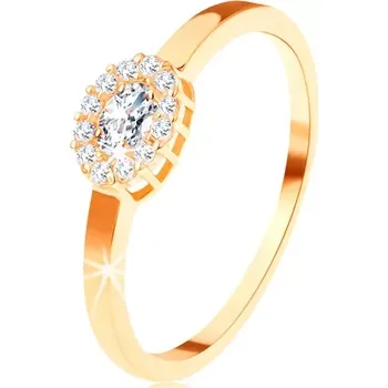 Prsten Zlatý prsten 585 - oválný čirý zirkon lemovaný kulatými zirkonky - Velikost: 62