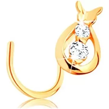 Piercing Zlatý piercing 585, zahnutý - kapka s čirými zirkony a motýlek