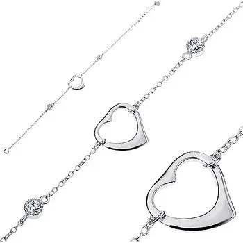 Náramek Nastavitelný náramek - stříbro 925, lesklá srdcovitá kontura, dva kulaté zirkony