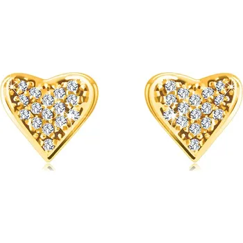 Náušnice Zlaté 14K náušnice - srdce vykládaná drobnými kulatými zirkony, úchyty ve tvaru teček