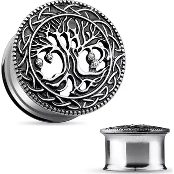 Piercing Ocelový tunel do ucha, vyřezávaný košatý strom, černá patina, čiré zirkony - Tloušťka : 14 mm