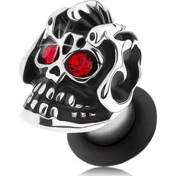 Piercing Ocelový plug do ucha, stříbrný odstín, lebka s helmou, patina, červené zirkony - Tloušťka : 8 mm