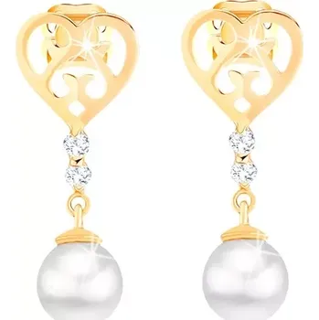 Náušnice Náušnice ze žlutého 14K zlata - ploché srdce s výřezy, čiré zirkony, perla