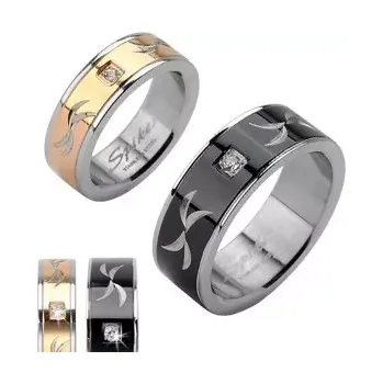 Prsten Ocelový prsten - gravírovaný snubní prsten se zirkonem - Velikost: 66