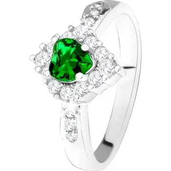 Prsten Prsten se zeleným srdcovým zirkonem, čirý kosočtverec, stříbro 925 - Velikost: 49