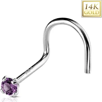 Piercing Zahnutý piercing do nosu z bílého 14K zlata, světle fialový kulatý zirkonek