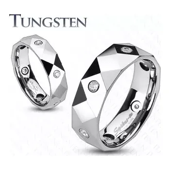 Prsten Prsten z wolframu s kosočtverci, trojúhelníky a zirkony - Velikost: 51, Šířka: 6 mm