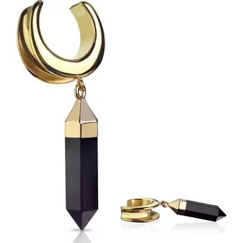 Piercing Ocelový 316L plug zlaté barvy - podkova s oboustrannou špičkou, imitace onyxu - Tloušťka : 25 mm