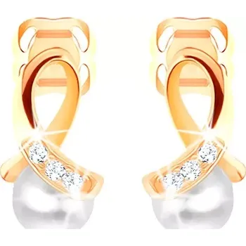 Náušnice Náušnice ve žlutém 14K zlatě - lesklá smyčka vykládaná zirkonky, kulatá perlička