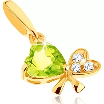 Přívěsek Zlatý přívěsek 585 - mašle ze dvou srdíček, světle zelený olivín, čiré zirkonky