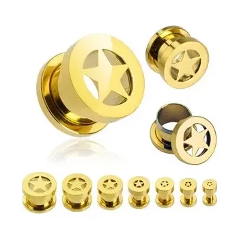 Piercing Tunel do ucha - hvězda ve zlaté barvě - Tloušťka : 3 mm