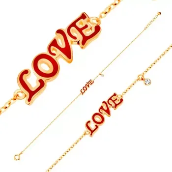 Náramek Náramek ve žlutém 14K zlatě, přívěsky - červený glazovaný nápis LOVE, zirkon