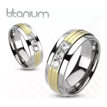 Prsten Prsten z titanu - pozlacený střed, tři čiré zirkony - Velikost: 49