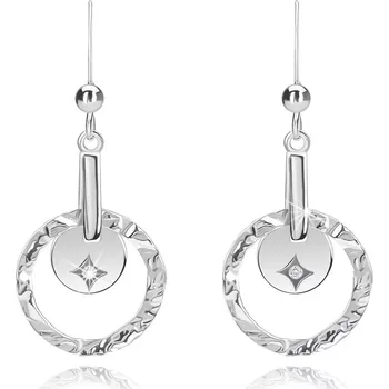 Náušnice Visací stříbrné náušnice 925 - čirý briliant, kulatá známka, strukturovaný kruh