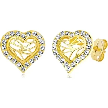 Náušnice Puzetové náušnice ze žlutého zlata 585 - obrys srdce se zirkony, výřezy