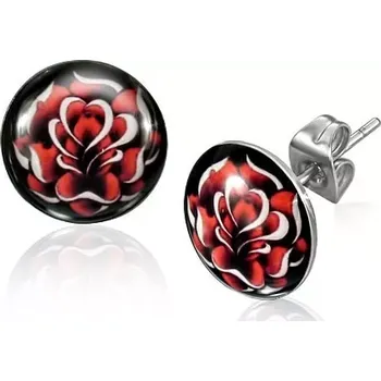 Náušnice Ocelové puzetové náušnice stříbrné barvy, rozkvetlá červená růže