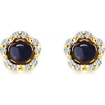 Náušnice Náušnice ze žlutého 14K zlata - květ s kulatým safírem, čiré zirkony, puzetky