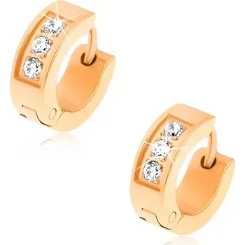 Náušnice Ocelové náušnice - zlatá barva, tři čiré zirkony, ozdobné gravírování