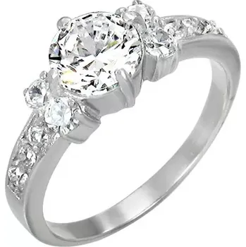 Prsten Zásnubní prsten z oceli 316L - jeden velký zirkon uprostřed, menší po stranách - Velikost: 49